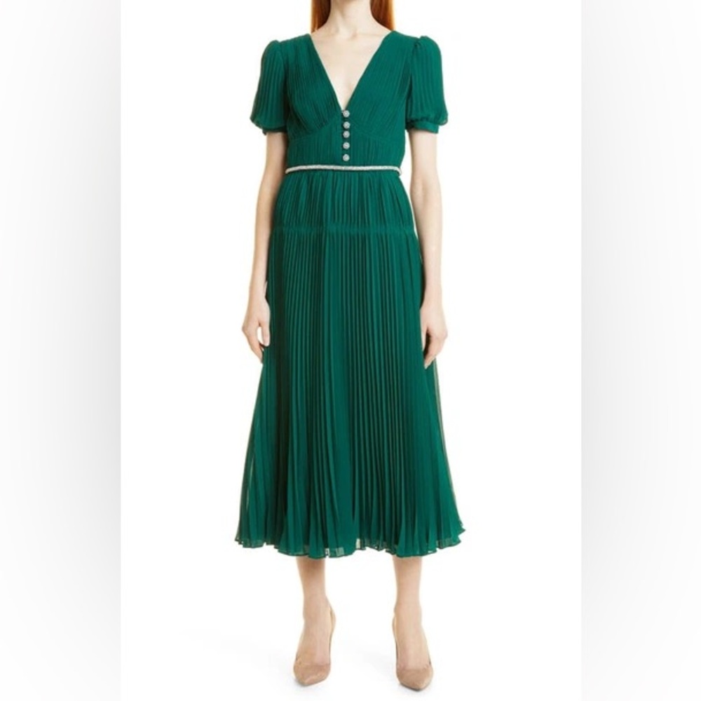 Self-Portrait Teal-Green Pleated V-Neck Midi Dress